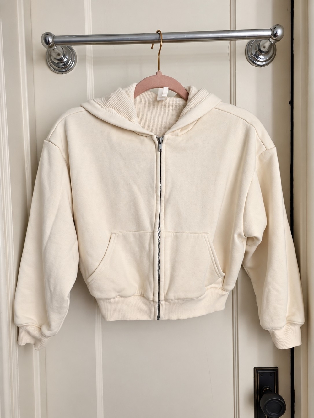 SKIMS Cotton Fleece Waffle Lined Shrunken Zip Hoodie - ECRU. NWOT. SMALL - Picture 7 of 7